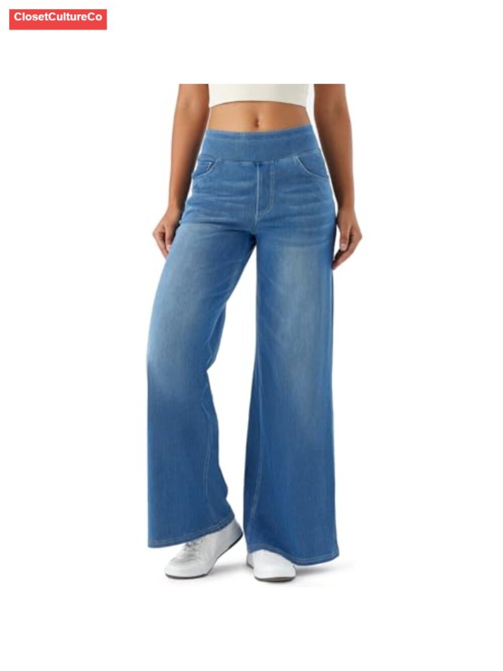 High Waisted Wide Leg Pull On Stretch Denim Jeans Comfort Fit